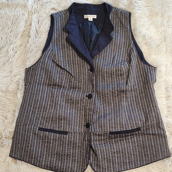 Coldwater Creek Jackets & Blazers - Coldwater Creek Womens Striped Vest Navy White Mandarin Collar Cotton Linen W18